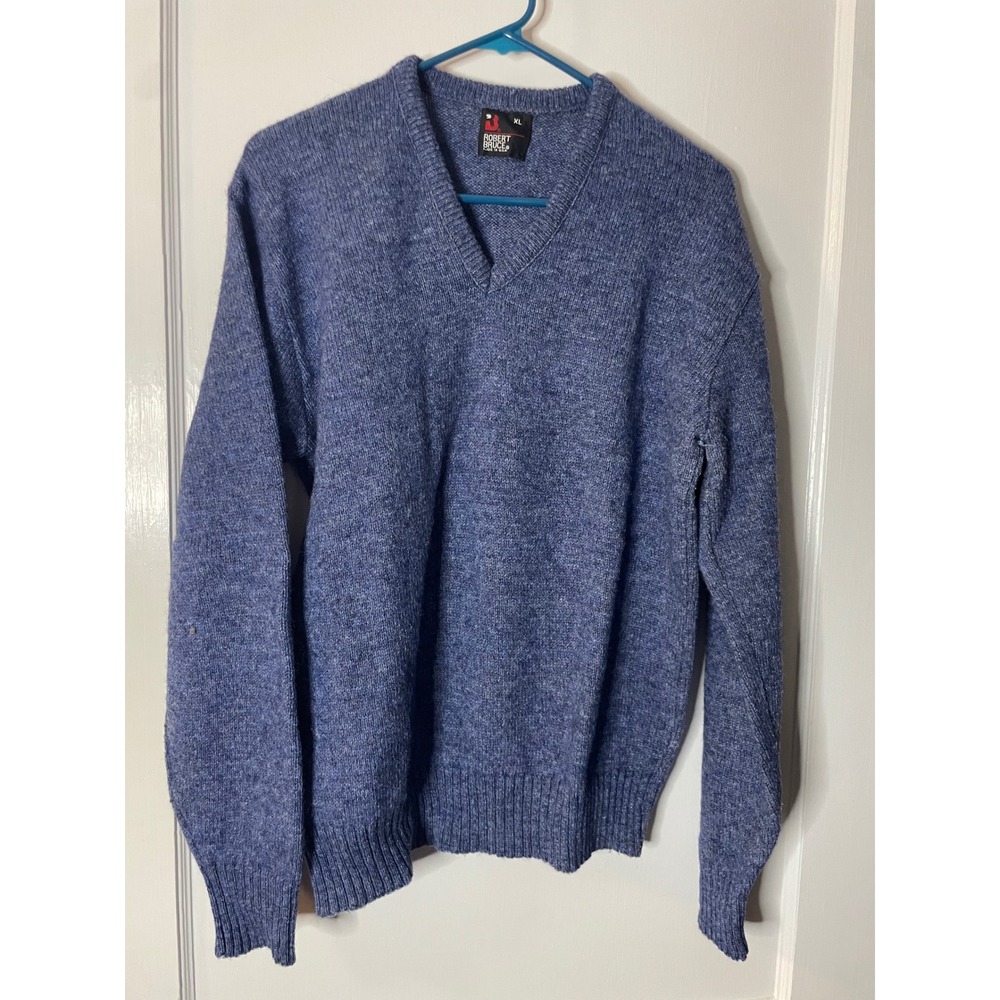 Robert Bruce Mens Blue V Neck Long Sleeve Sweater XL Made in USA Union Made Vtg